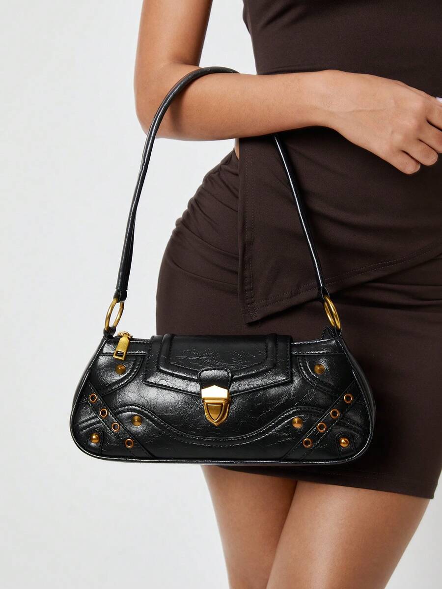 SHEIN SXY 女士、女式单肩包、流浪包、复古、铆钉、复古、街头、时尚、优雅、简约、个性化、多功能、适合通勤、办公室、约会、日常、购物、下午茶 - 黑色 - 查看 1