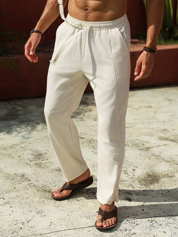 Manfinity Homme Pantaloni de in casual pentru bărbați, mărime mare, culoare solidă, cu buzunar și șnur, talie înaltă, toamnă