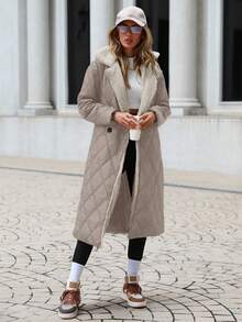 RueChic Women'S Solid Color Button-Up Lapel Collar Long Padded Coat - Beige - View 6