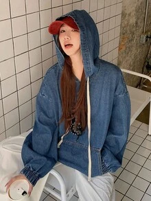 DAZY 女款純色口袋連帽休閒長袖牛仔襯衫校園風 - 藍色 - 查看 7