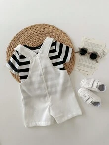 2 件装男婴中性休闲可爱插肩宽松条纹圆领针织上衣 T 恤和围兜工装短裤套装适合春夏日常装 - 黑與白 - 查看 2