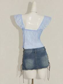 SHEIN ICON 女士褶皱前片修身性感镂空提花浪漫法式荷叶袖露背休闲度假短款吊带背心 - 藍色 - 查看 2