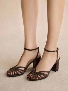 Rosivie 女士圆头粗跟咖啡色扣环镂空编织优雅高跟凉鞋 - 咖啡棕 - 查看 3