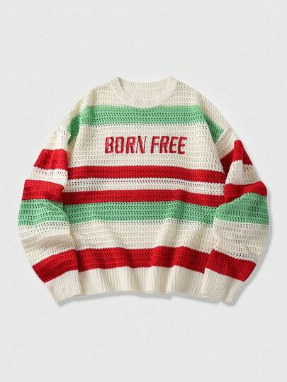 Street Life Men's Striped Knit Loose Short Sweater, Fall Winter