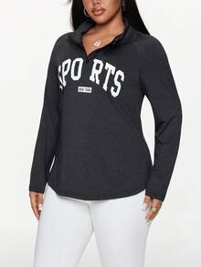 Rhythm Era 大码女式秋季字母印花插肩袖拉链半开襟休闲卫衣，运动健身卫衣，运动服 - 黑色 - 查看 5