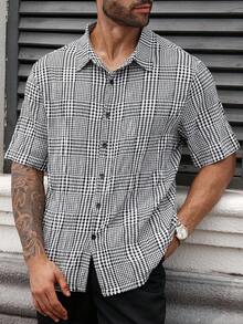 Manfinity Homme 夏季大码男士休闲格子短袖衬衫 - 黑與白 - 查看 5