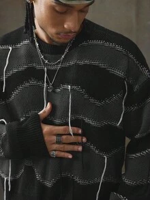 AXEPEAK Men's Casual Loose Fit Striped Round Neck Drop Shoulder Long Sleeve Sweater, Autumn, For Fall Winter - Black - View 3