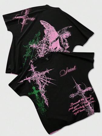 Goth Maglietta a maniche corte con stampa a pipistrello, adatta per uso quotidiano in primavera/estate, stile anni 2000