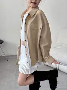 Tween Girl Casual Versatile Striped Patchwork Hoodie - Khaki - View 5