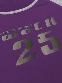 INAWLY Summer Casual Colorblock Letter & Number Print T-Shirt - Purple - View 4
