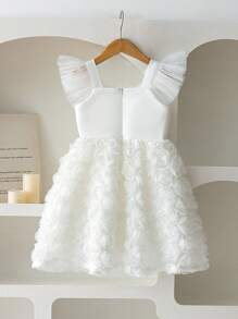SHEIN Glamorique Kids Girls Elegant 3D Floral Embroidery Cap Sleeve Dress, Princess Style, Suitable For Performance, Party, Birthday, Wedding - White - View 2