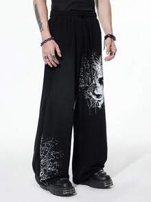ROMWE MEN Goth Men's Dark Face & Spider Web Print Sweatpants Halloween - Black - View 8