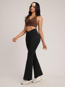 Hanevo Women Seamless Solid Color Flared Sports Pants - Black - View 7