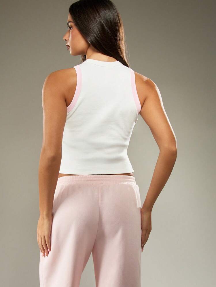 MISSGUIDED Sleeveless Racer Neck Tank Top Ribbed Knit Crop Tank Top Pink Trim Basic Summer Casual Layer Fitted Essential Fashion