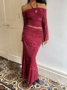 Sunnyshic Rose Pink Rose Print Sexy Sweet Vacation Style Off Shoulder Asymmetrical Sleeve Design Waist Ruched Women 2 Pieces Set - Hot Pink - View 1