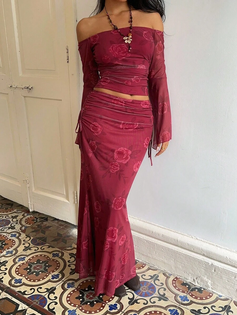 Sunnyshic Rose Pink Rose Print Sexy Sweet Vacation Style Off Shoulder Asymmetrical Sleeve Design Waist Ruched Women 2 Pieces Set - Hot Pink - View 1