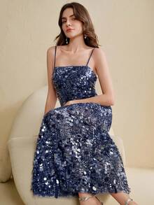 Anewsta 女士性感露背亮片连衣裙，欧美时尚 - 藏蓝色 - 查看 1