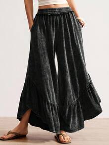Bohemela Women's Casual Solid Color Knit Loose Wide-Leg Washed Pants
