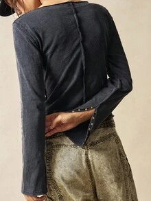 Bohemela 1 件女式休闲纯色针织长袖修身水洗 T 恤 - 黑色 - 查看 7