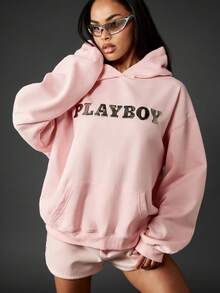 Missguided x Playboy Oversized Graphic Hooded Sweatshirt With Metallic Logo Print For Winter Loungewear - Pink - View 1