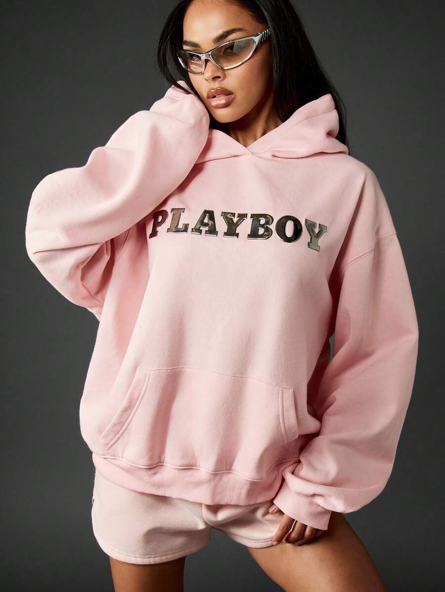 Missguided x Playboy Oversized Graphic Hooded Sweatshirt With Metallic Logo Print For Winter Loungewear - Pink - View 1
