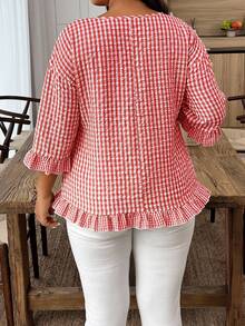 Weeklong Plus Size Women Casual Plaid Ruffle Trim 3/4 Sleeve Shirt - Red - View 2