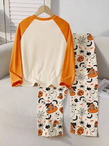青少年女孩万圣节主题卡通土拨鼠与鬼魂印花睡衣套装，杏色圆领插肩袖上衣，搭配撞色橙色袖子和衣领，杏色裤子，舒适家居服 1 套 - 杏色 - 查看 2