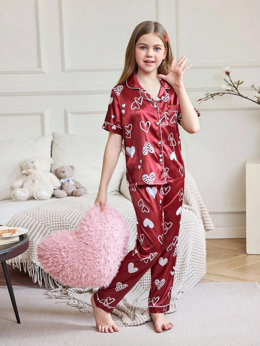 少女心印花缎面睡衣套装 - 紅白色 - 查看 1