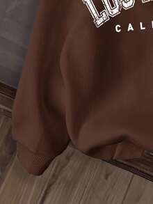 Young Boy Casual Comfortable Los Angeles Graphic Print Thick Knit Long Sleeve Sweatshirt, Suitable For Autumn/Winter Fall - Coffee Brown - View 5