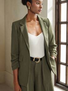 Aveloria Modichic 女士百搭褶袖修身西装外套和阔腿裤套装，通勤风格 - 軍綠色 - 查看 2