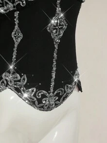 SHEIN ICON Women's Sequin Embroidered Backless Crop Top, Y2K Retro Sexy Chic Cute Blouse Gothic Top Rhinestone Corset Top,Tank Top,Black Top - Black - View 8