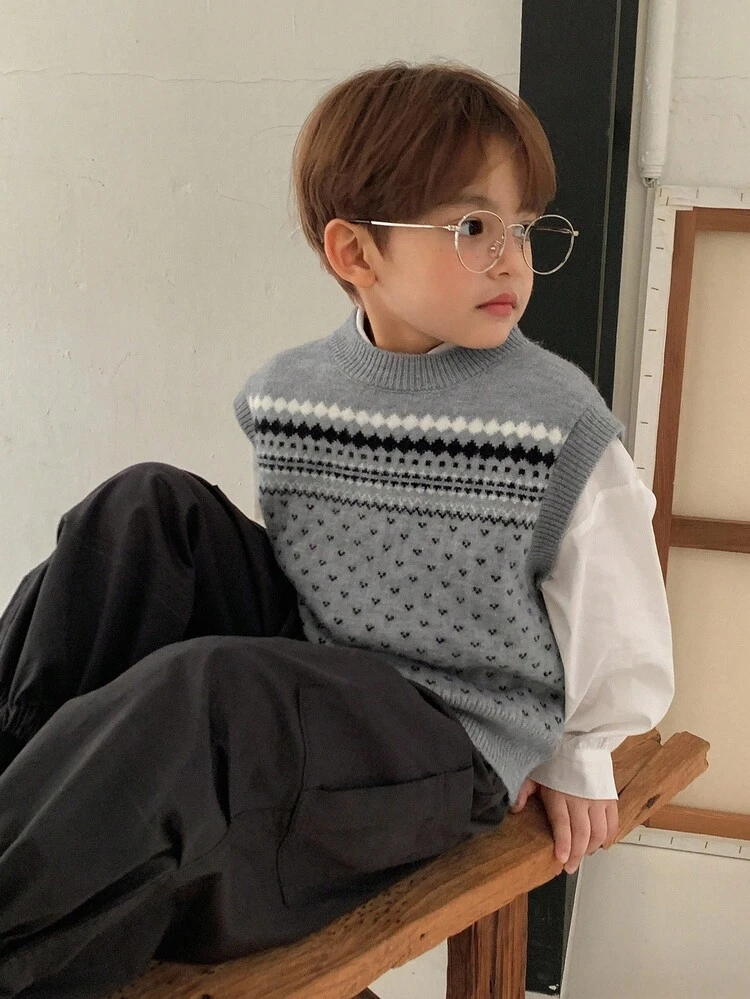 Young Boys Casual Patterned Jacquard Knit Sweater, Japanese Style, Autumn Vest