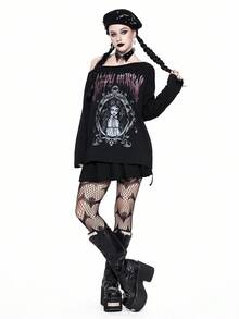 ROMWE Áo thun tay dài cổ bất đối xứng in hình búp bê kinh dị Gothic, Halloween - màu đen - Xem 1