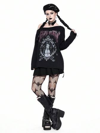 Goth Gothic Horror Puppen Muster asymmetrischer Kragen Langarm T-Shirt, Halloween