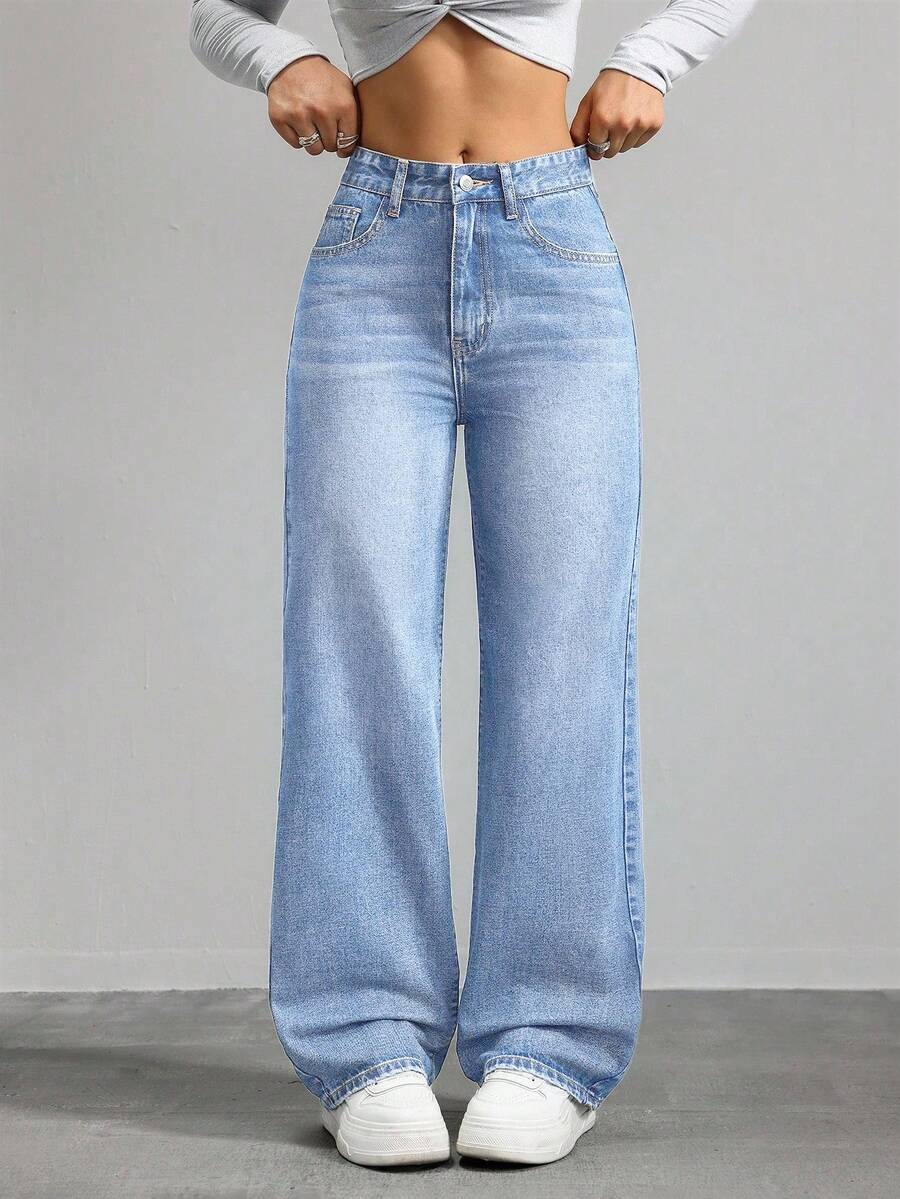 SHEIN ICON Women's Pocket Loose Wide Leg Casual Versatile Denim Pants - Light Wash - View 1
