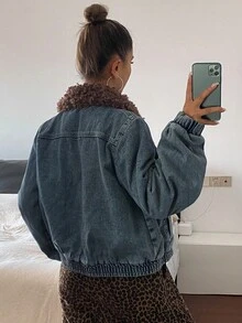 DAZY Chaqueta casual de invierno con cremallera y cuello de peluche para mujer - Azul - Ver 5