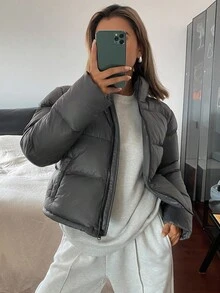 DAZY 女士棉衣冬季外套立领短款保暖内里加厚宽松欧美风街头时尚短款夹克冬 - 灰色 - 查看 6