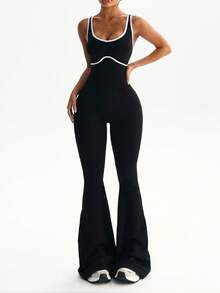 Dewbera 1 Bộ đồ tập yoga cổ tròn không tay màu tương phản có gân và quần ống loe cho nữ - Đen và trắng - Xem 4