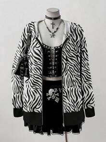 Áo khoác nỉ dáng dài có khóa kéo Sunspun dành cho nữ cỡ lớn, họa tiết da báo, chất liệu gân, thích hợp cho mùa thu đông. - Nhiều màu - Xem 4