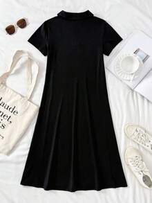 Tween Girls' Casual Vacation Black & Grey Patchwork Knit Polo Collar Short Sleeve Letter Print Midi Dress - Khaki - View 2