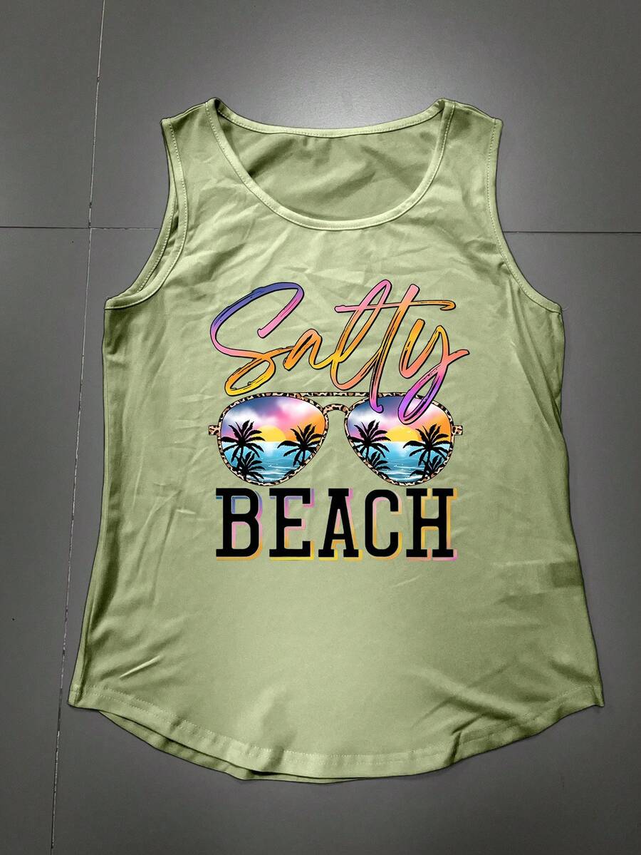 INAWLY Women's Summer Tank Top With Letter And Palm Tree Print - Green - View 1