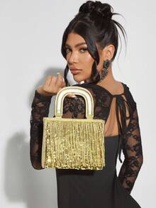 SHEIN SXY Borse da sera per signora, borse a mano, dorate, con paillettes, alla moda, di lusso, con nappe, luccicanti, adatte per cocktail festa, feste, balli, club, appuntamenti, compleanni, serate, cene di gala