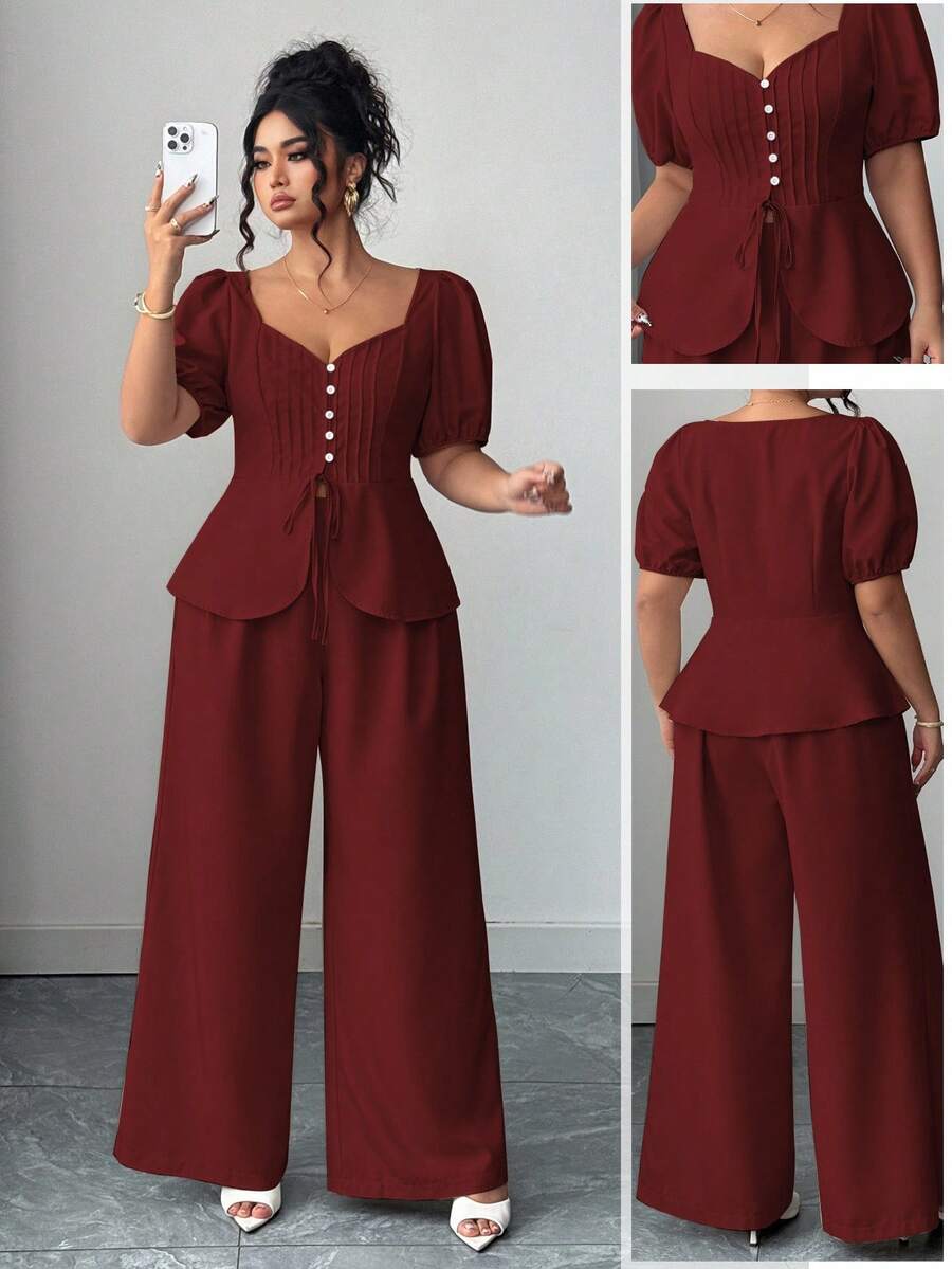 Elenzga Conjunto de 2 piezas de top con mangas abullonadas y pantalones de pierna ancha, elegante y casual, con estilo retro francés para el día a día - Burdeos - Ver 1