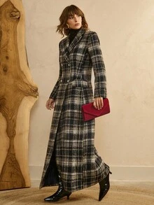 Arave Women's Plaid Material Wide Shoulder X-Shaped Suit Style Double-Breasted Pocket Flap Design Daily Commuting Mid-Length Coat Autumn Women's Business Casual Women's Plaid