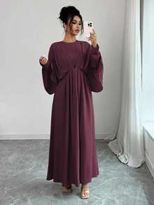 Elenzga 女士优雅简约高端休闲连衣裙，适合办公室、通勤、海滩、音乐节、下午茶、德比、帆船赛，纯色圆领二合一腰部荷叶边褶皱蝙蝠袖 A 字长裙，春夏秋季女士服装 - 紫紅色 - 查看 7