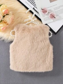 SHEIN Chaleco sin mangas con forro térmico, decorado con flores y moños, para niñas, otoño/invierno