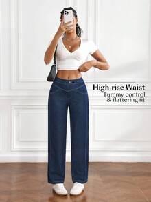 Flexra 女式口袋直筒宽松休闲百搭牛仔裤 - 藍色 - 查看 7