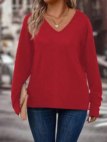 EMERY ROSE Women's Casual V-Neck Long Sleeve All-Match Plus Size T-Shirt, Versatile For Autumn/Winter Fall Cloth For Women - Red - View 5