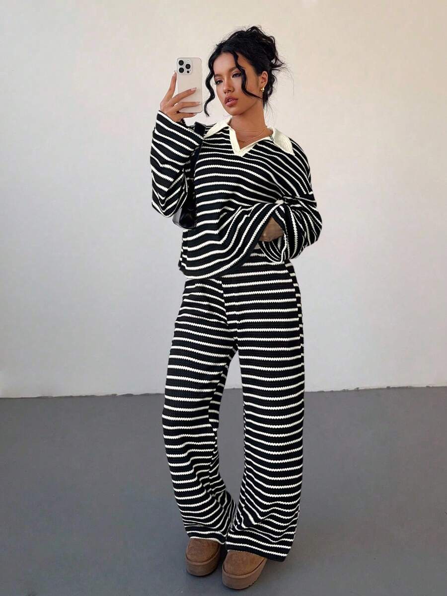 Siren Gaze 女式两件套宽松条纹 V 领落肩长袖 T 恤和松紧腰条纹裤，冬季毛衣套装，秋冬 - 黑色 - 查看 1
