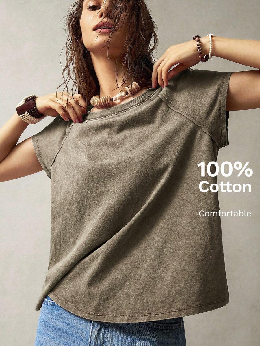 Bohemela Vintage Distressed Patchwork Short Sleeve T-Shirt,Brown Top